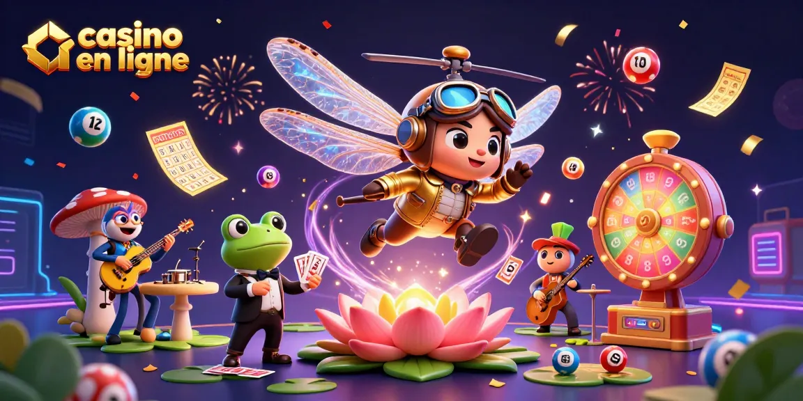 Jouer au casino en ligne avec une scène animée de libellule pilote, croupier grenouille et musiciens.