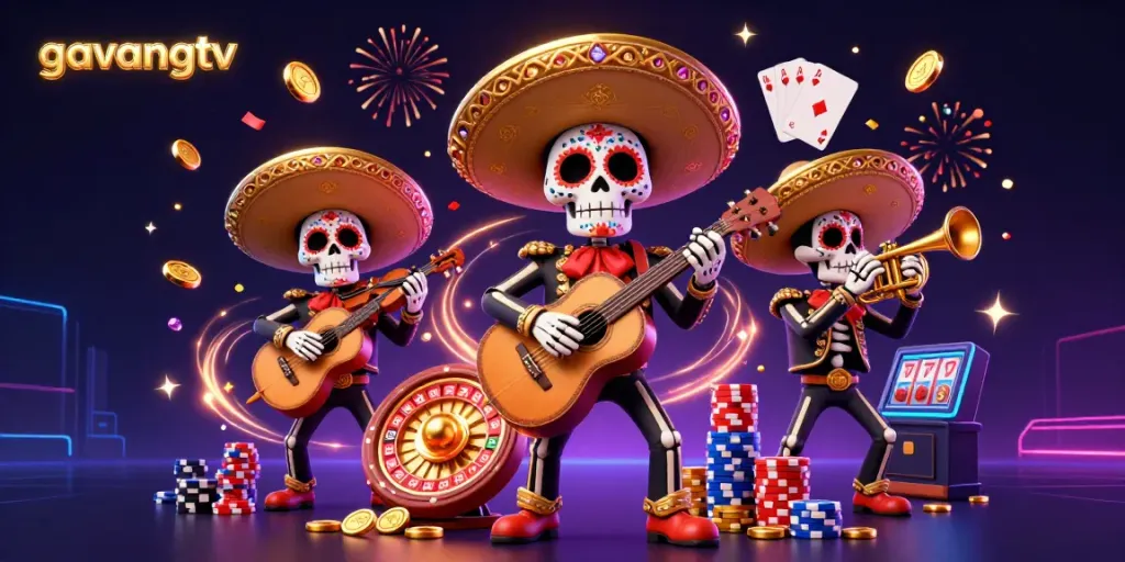 Experience thrilling live casino action with GavangTV's vibrant and colorful 3D illustration featuring mariachi skeletons.