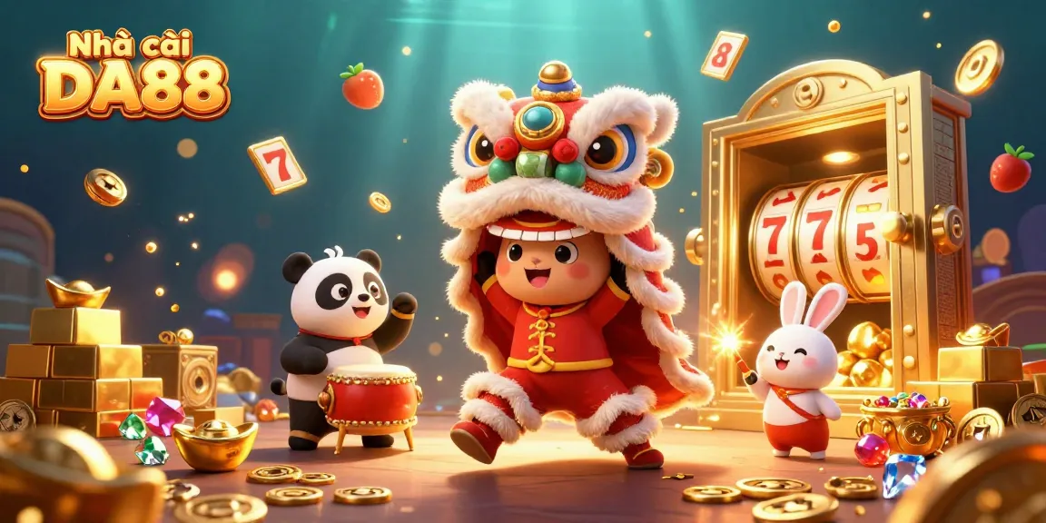 Spin and win big at Nhà cái DA88 with vibrant 3D casino illustration featuring lucky symbols and celebratory characters.