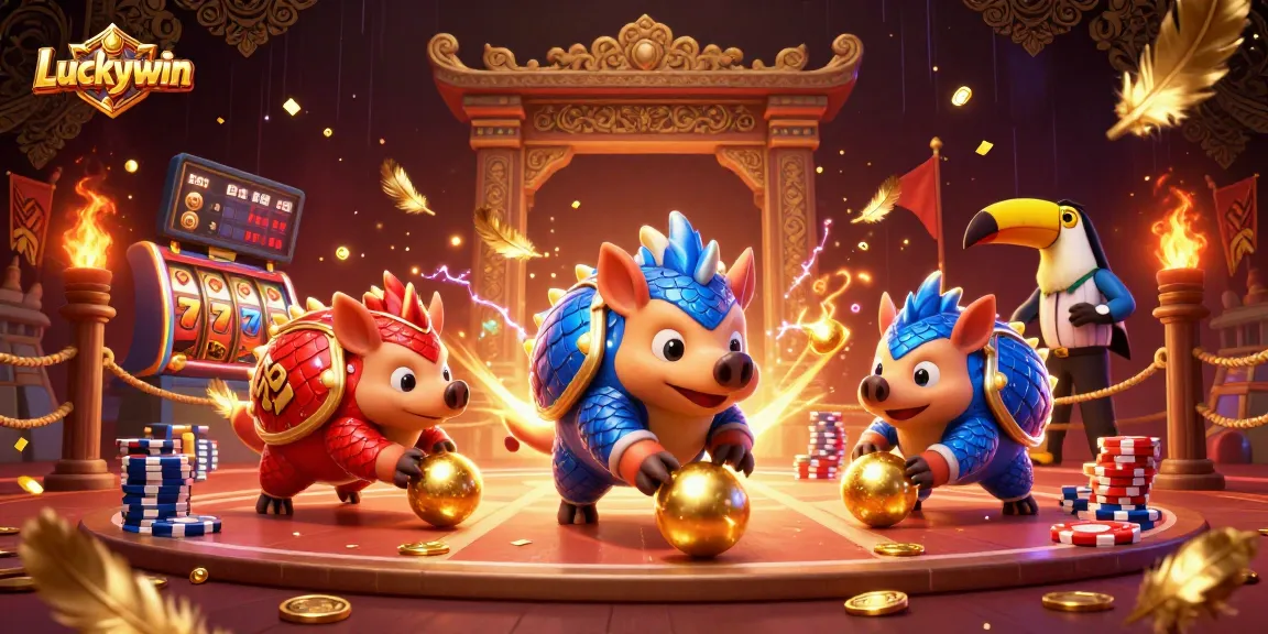 Luckywin features rival pangolins rolling in a casino scene surrounded by vibrant gold and game elements.