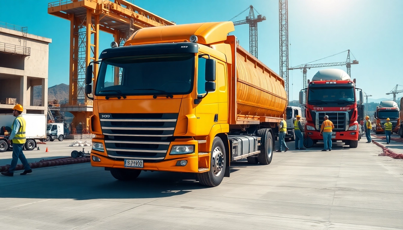 Hauling truck transporting materials on a construction site with workers actively directing the process.