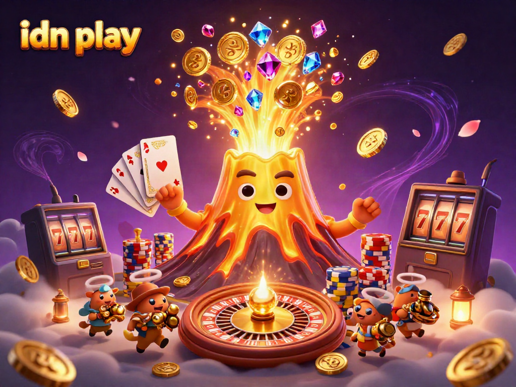 Experience the thrill of idn play as a golden volcano erupts, showering treasures, and dynamic gaming elements.
