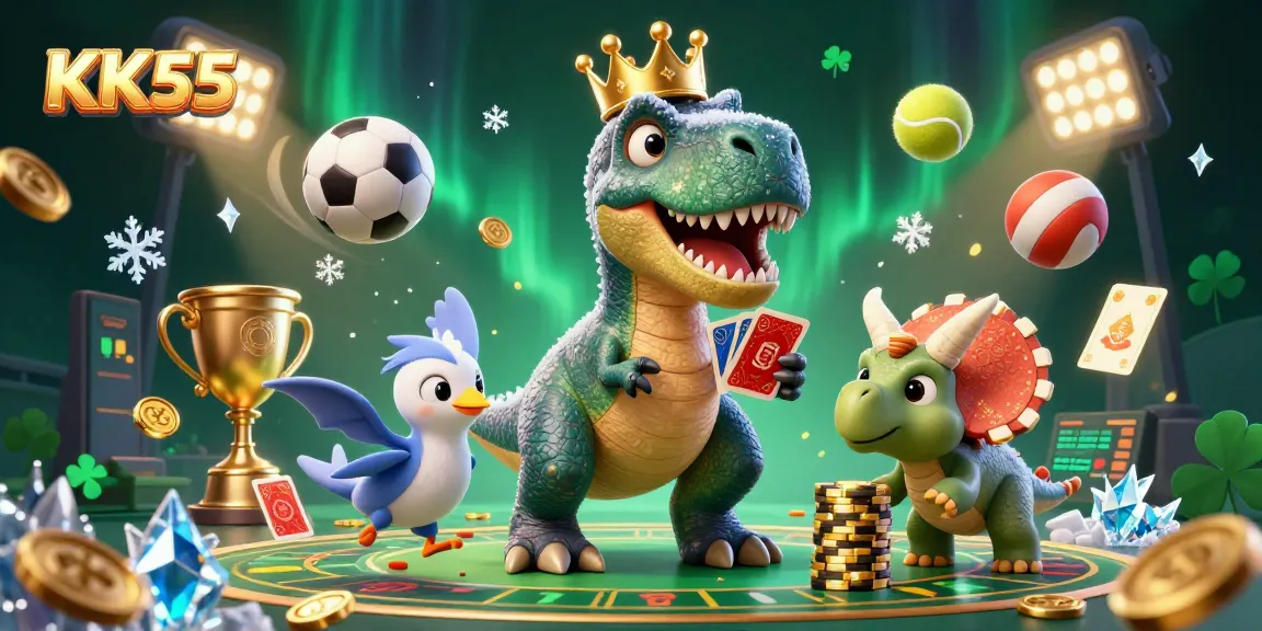 Experience thrilling gameplay at KK55 with friendly dinosaur characters and vibrant casino elements.