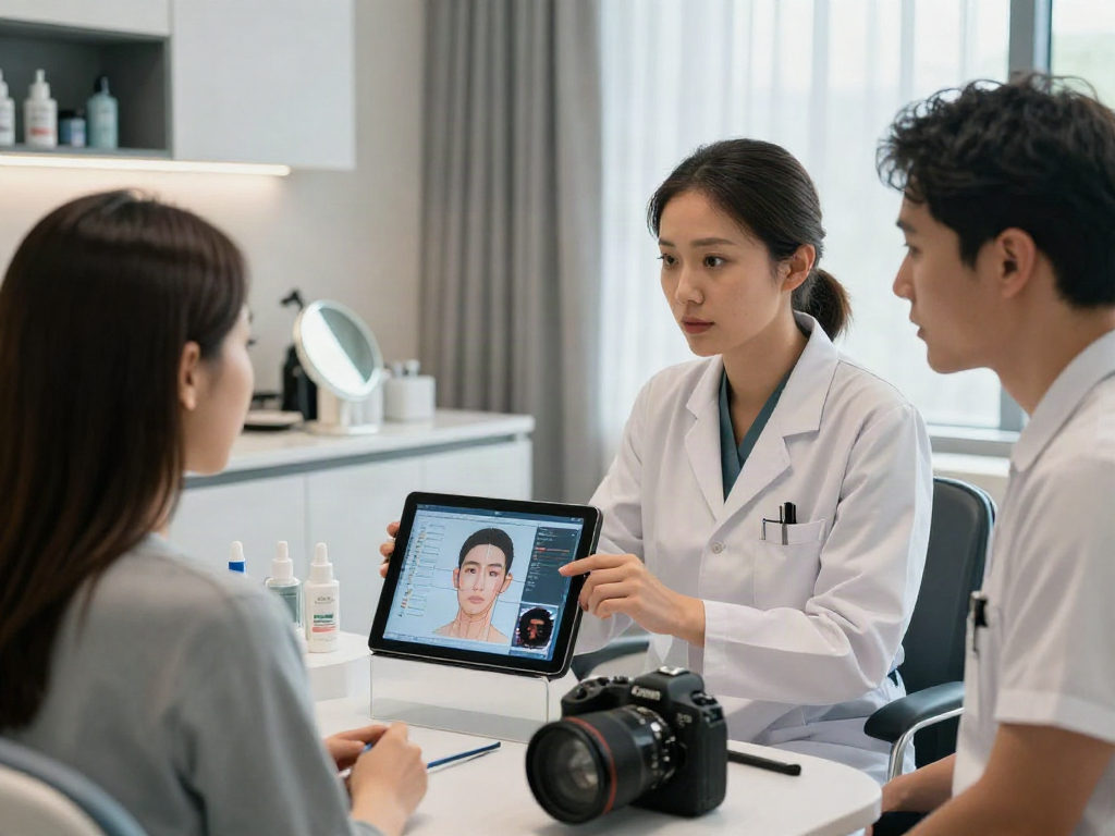 ClinicEvo vs QOVES facial analysis consultation showcasing personalized metrics and client engagement.