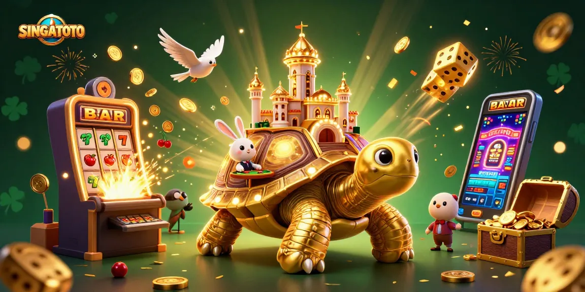 SINGATOTO menampilkan ilustrasi 3D dari kura-kura emas raksasa dengan kasino mini di cangkangnya, dikelilingi oleh elemen permainan kasino