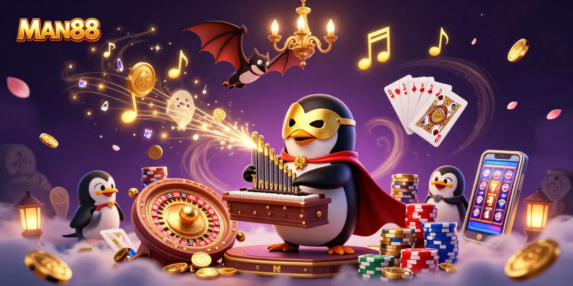 Experience the excitement of MAN88 with vibrant visuals of animated casino elements.