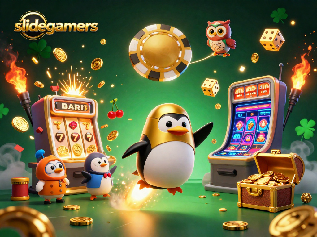 Experience slidegamers with a thrilling scene of a golden penguin soaring towards a jackpot-filled casino.