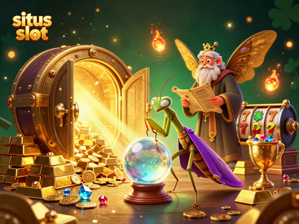 Gambaran situs slot yang menarik dengan tokoh mistis dan elemen berkilau yang penuh harta.