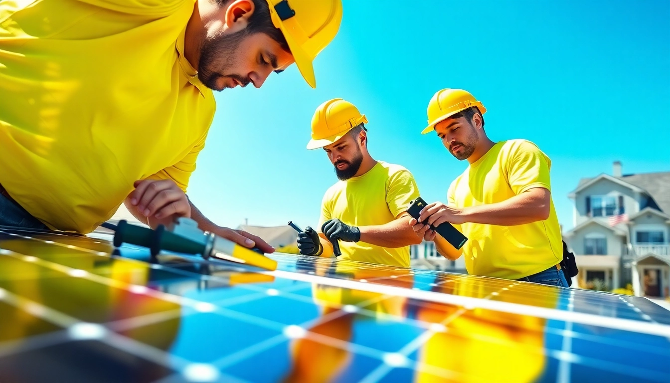 Solar repair company New Jersey technicians repairing solar panels in a bright residential area.