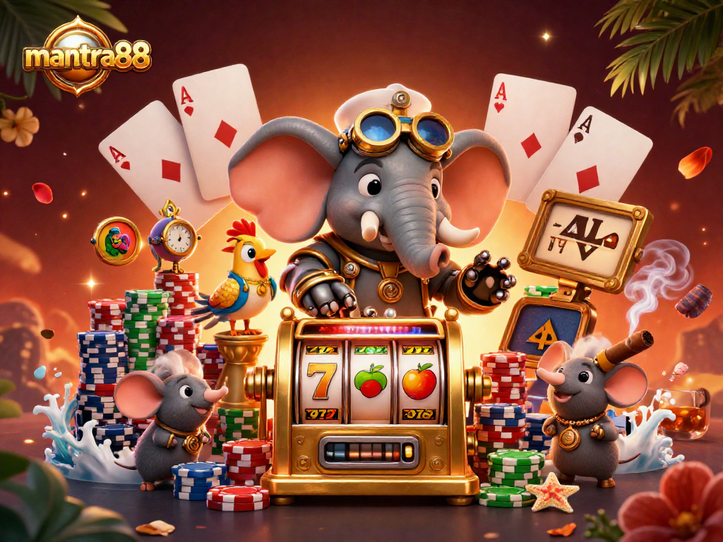 Experience thrilling gameplay with mantra88's cartoon steampunk elephant engineer and golden slot machine.