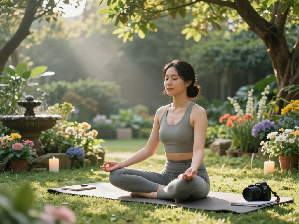 Practitioner experiencing mindfulness with mantra88 in serene garden setting.