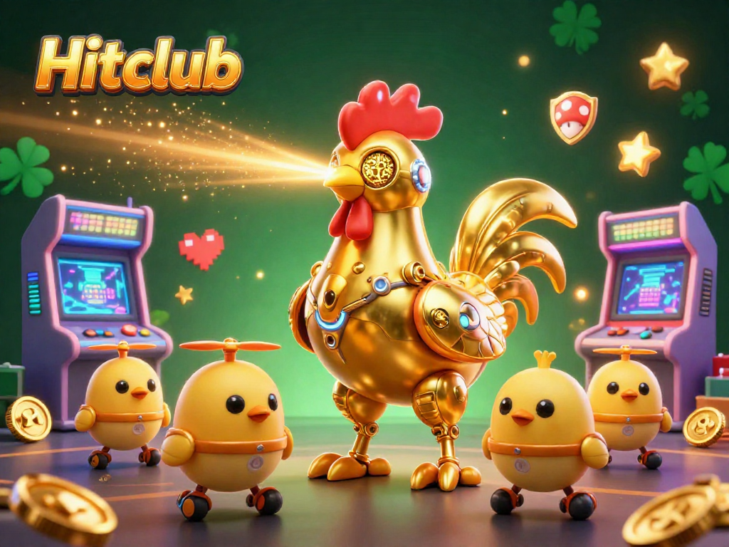 Hitclub features the golden rooster robot in a vibrant casino-themed digital illustration.