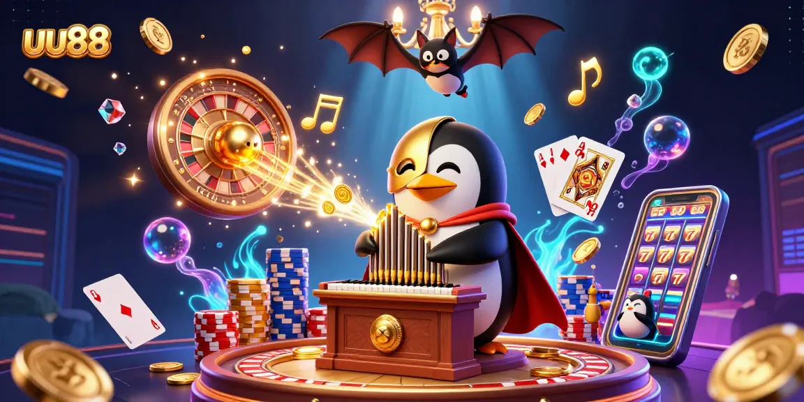 Win at uu88 with exciting casino games featuring a phantom penguin and gold coins flying in celebration.