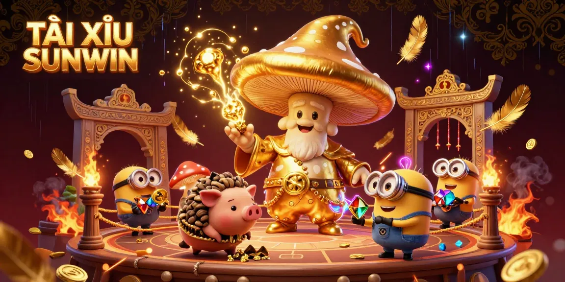 TÀI XỈU SUNWIN scene showcasing a vibrant 3D illustration filled with magic, treasures, and dynamic gambling elements.