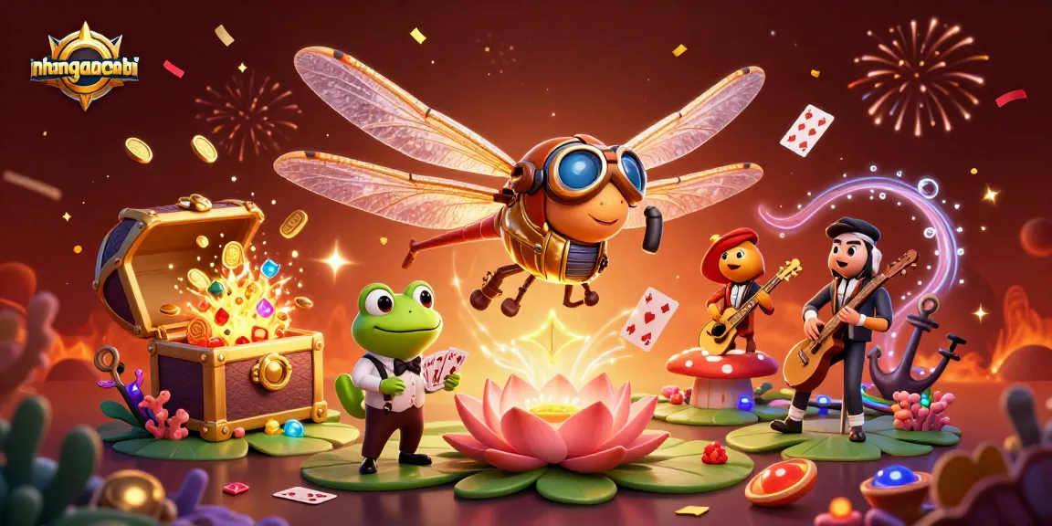 Engage in thrilling card games at nhanquagamebai's vibrant lily pad casino featuring exciting characters.