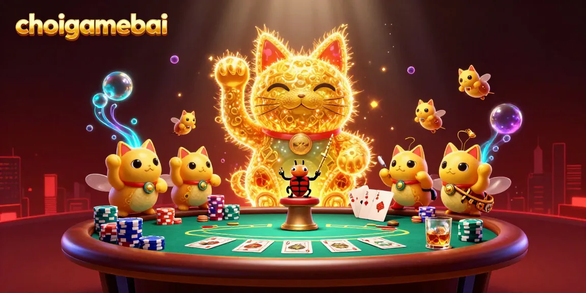 Engage in strategic play with choigamebai's vibrant casino illustration featuring a lucky cat and poker elements.