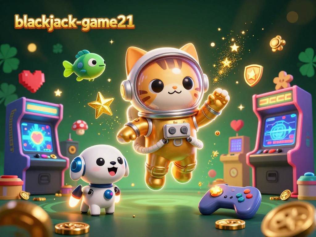 Experience blackjack-game21 with engaging visuals of space-themed cats and arcade elements.