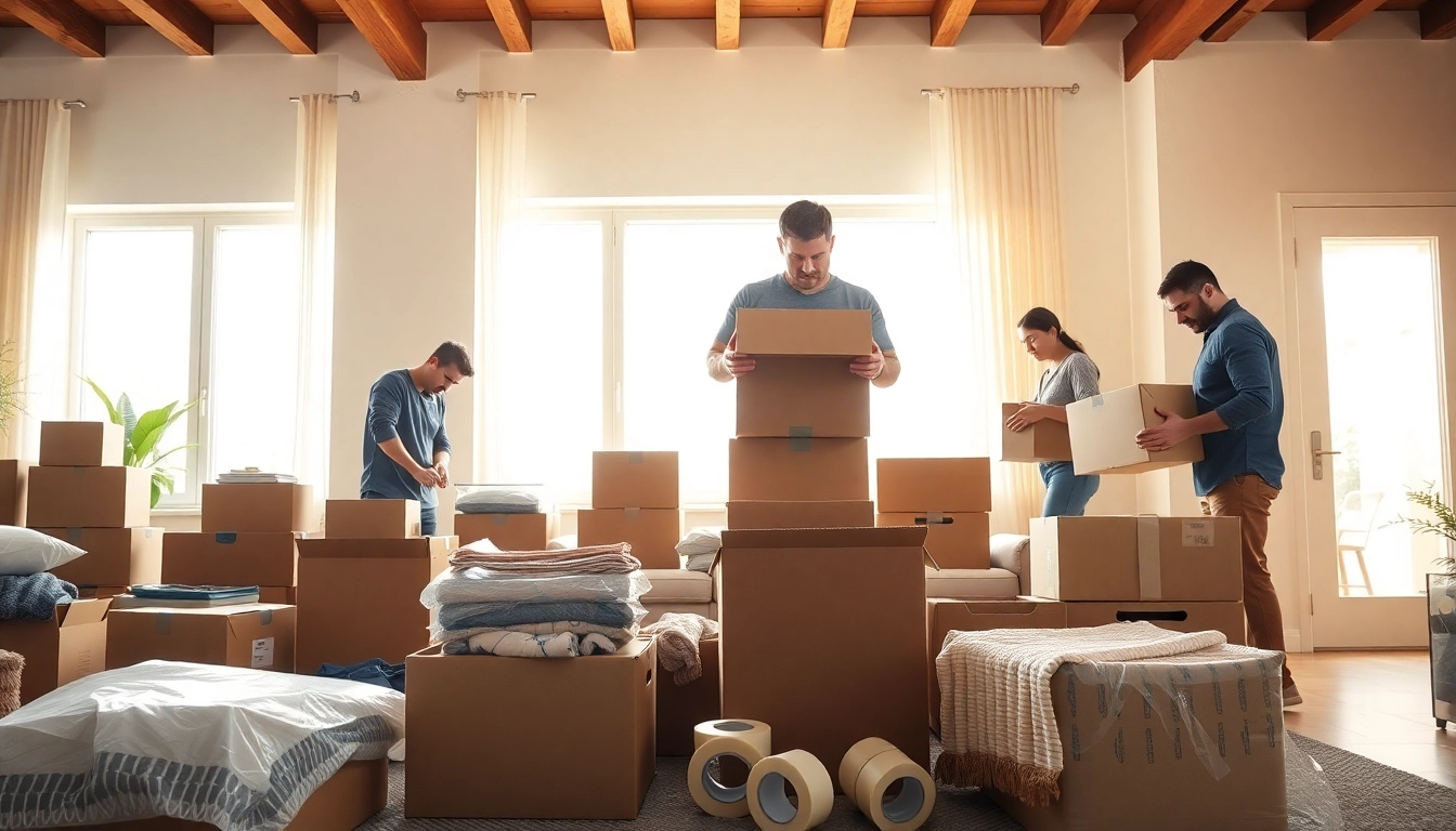 Professional Packing Services demonstrated in a tidy living room with organized packing supplies.