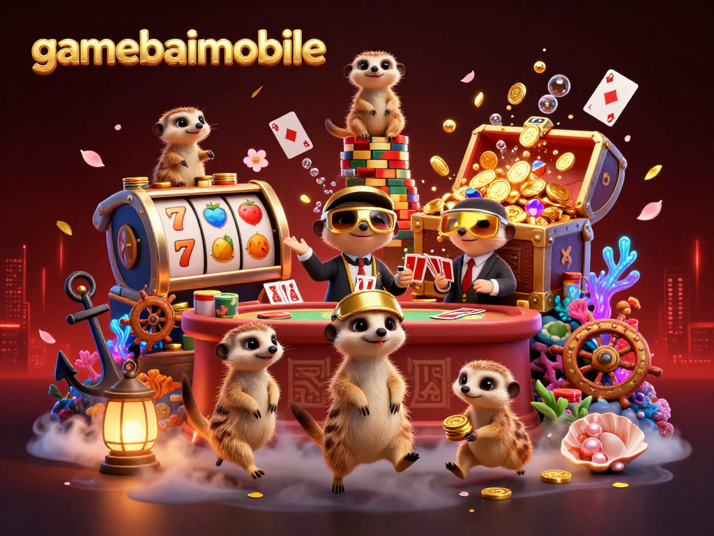 Win big at gamebaimobile with an exciting casino scene featuring meerkats running a vibrant gaming operation.