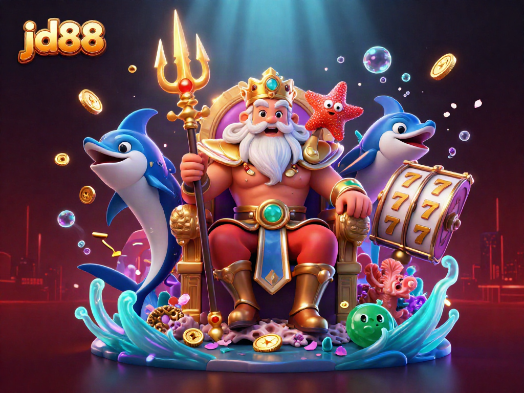 Spin and win with jd88 in a vibrant 3D cartoon scene of Neptune's casino kingdom, featuring lucky slot reels.