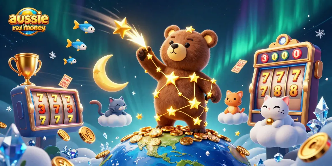 Aussie online casino real money illustrated scene with golden constellation bear, playful fish, and vibrant casino elements.