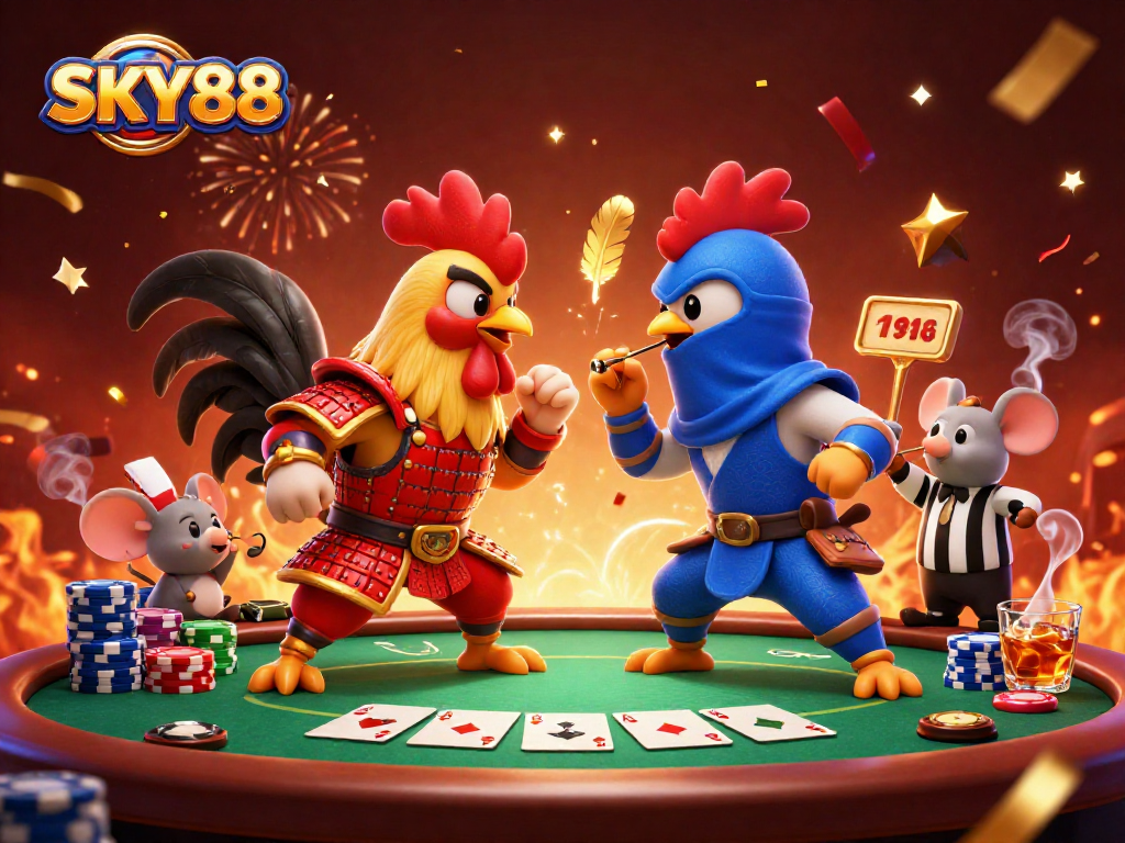 Sky88 features a dynamic duel between cartoon roosters amidst rich casino elements, showcasing thrilling gaming action.