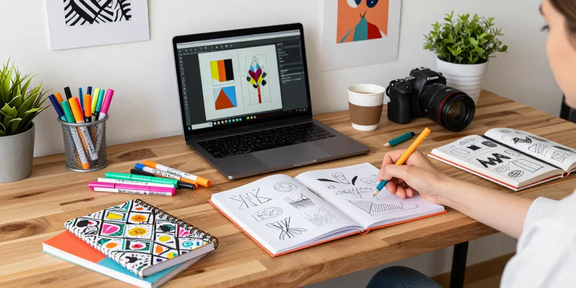 Custom printed notebooks on a designer's workspace, showcasing creativity and design.