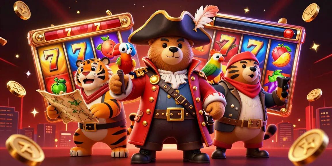Experience thrilling slot adventures with this vibrant illustration featuring a pirate bear, tiger, and parrot.