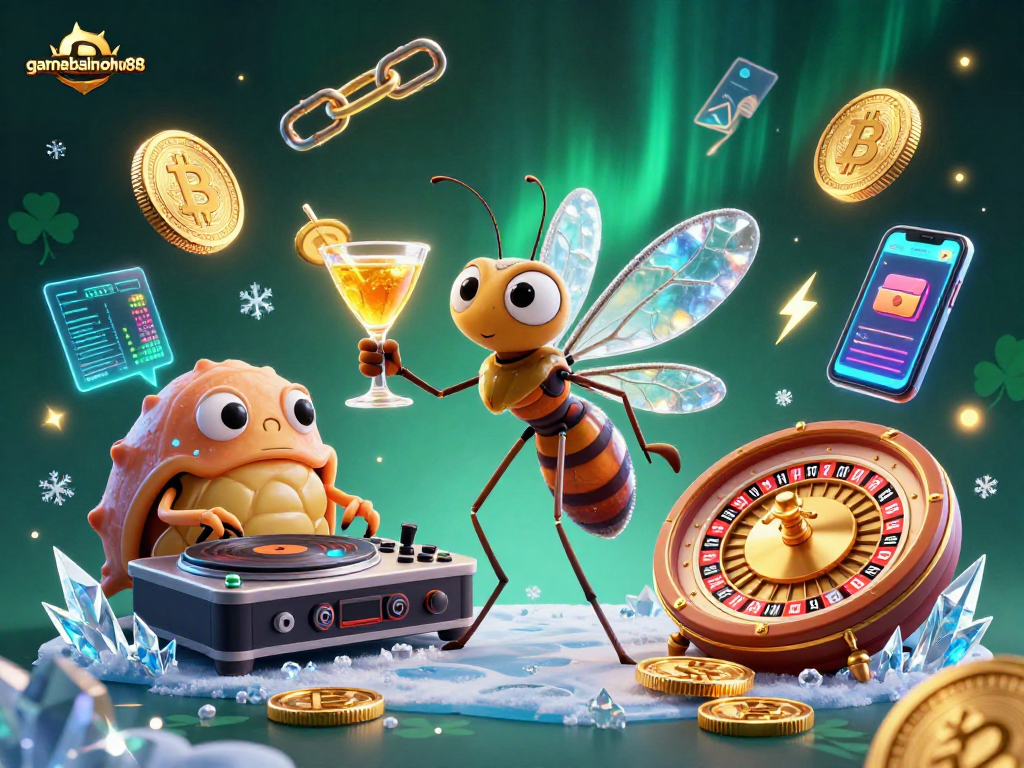 Experience thrilling moments with gamebainohu88 while winning with neon crypto elements and animated casino characters.