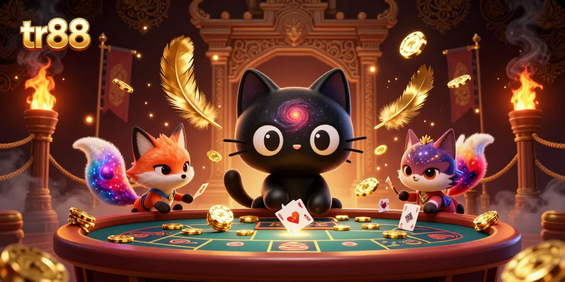 Join the excitement at tr88 as the black hole cat draws in chips and cards at a cosmic casino table.