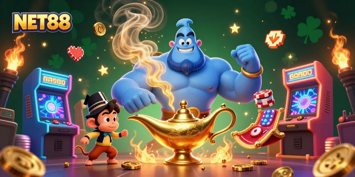 Experience NET88's thrilling casino adventure with a genie, monkey, and poker chips!