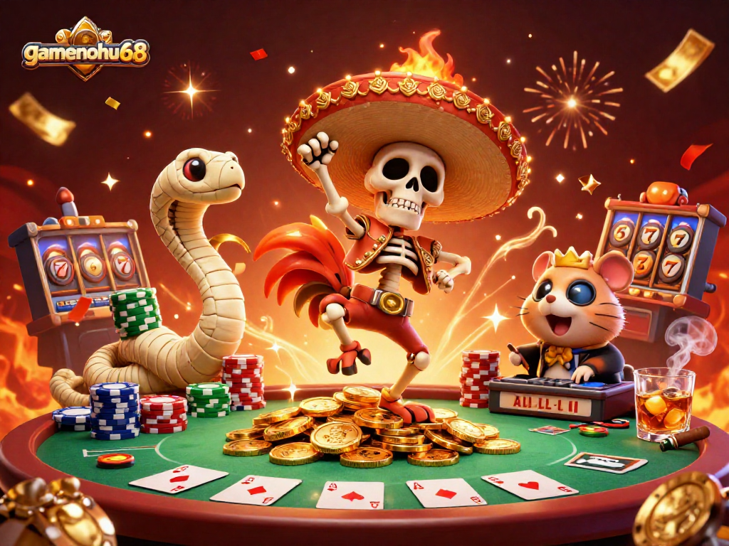 Experience thrilling victories at gamenohu68 with vibrant casino characters celebrating amidst action.