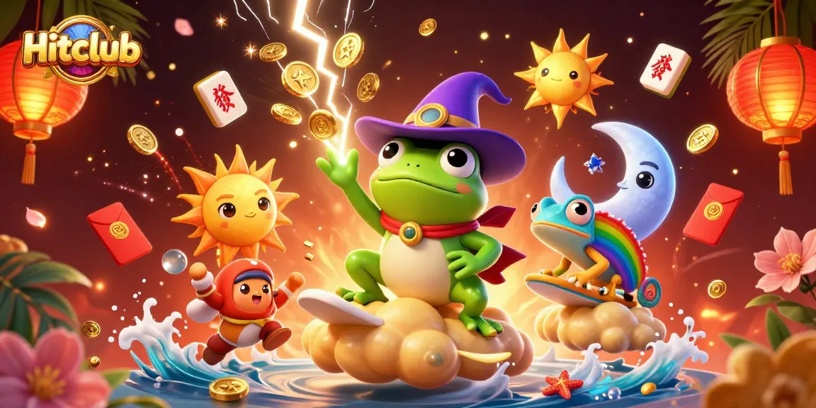 Hitclub gameplay features a vibrant 3D scene with a wizard frog, coins, and joyous gambling elements.