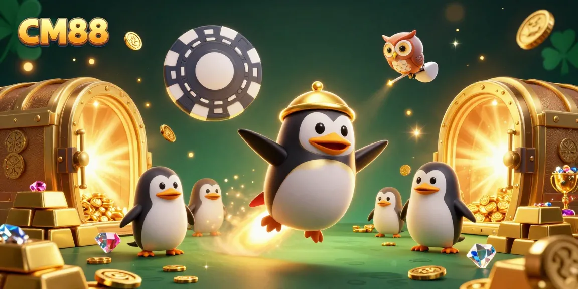 CM88 rocket-powered penguin soaring past a poker chip casino space station with treasure