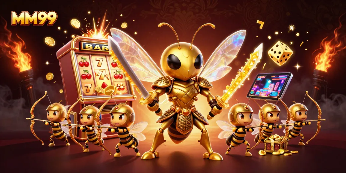 MM99 casino game action featuring dynamic golden hornet characters and vibrant slot machine elements.