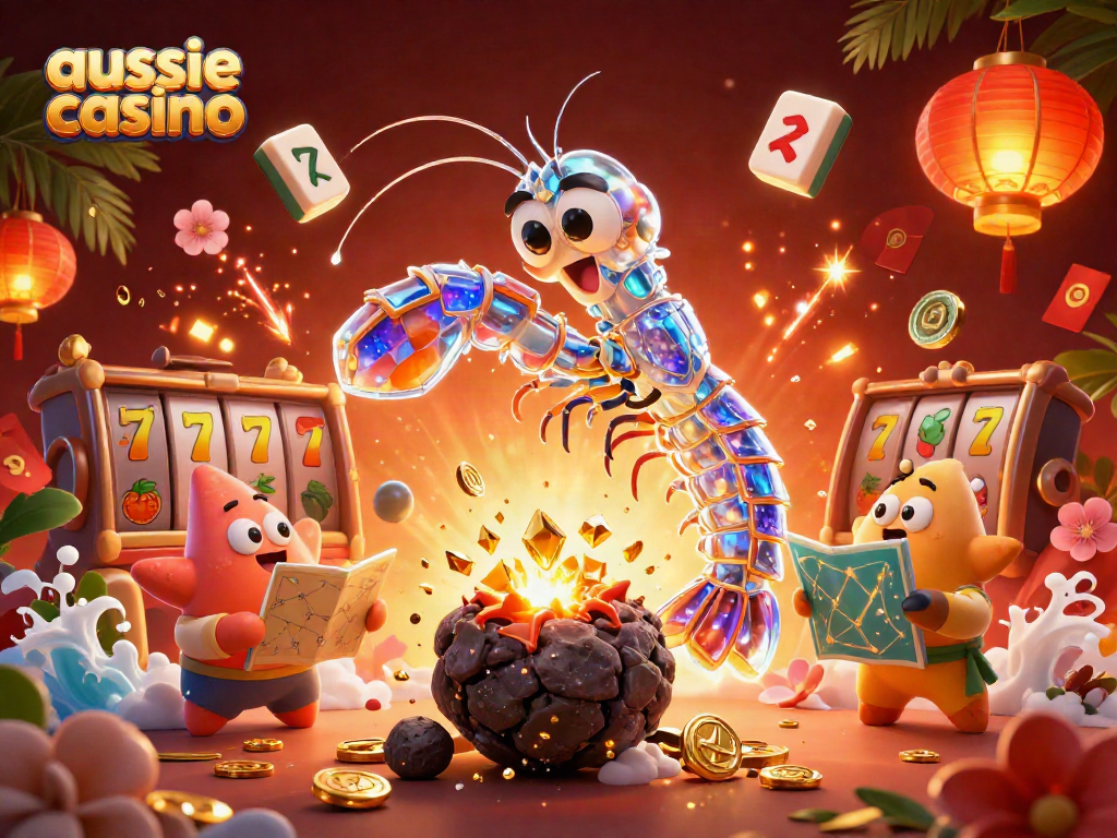 Experience the excitement of aussie casino with colorful slot reels exploding in gems and coins.