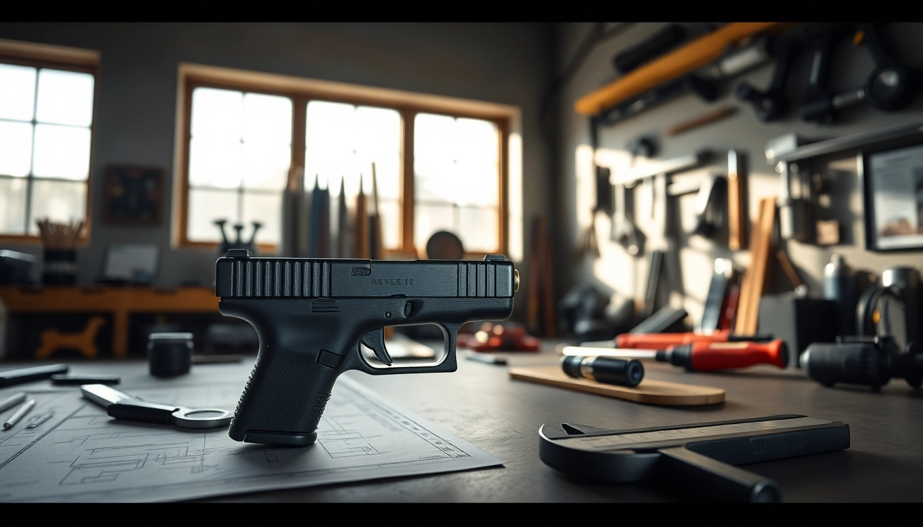 Showcasing a glock 43x mos slide in a workshop, emphasizing precision and craftsmanship.