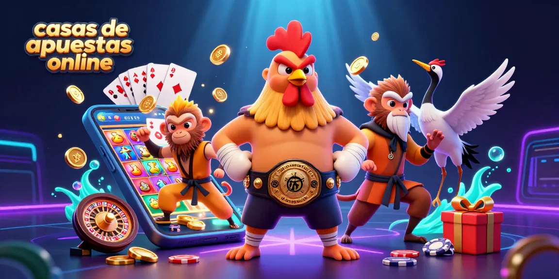 Visualiza las casas de apuestas online con un gallo de Muay Thai, un mono artista marcial y detalles de juegos vibrantes.