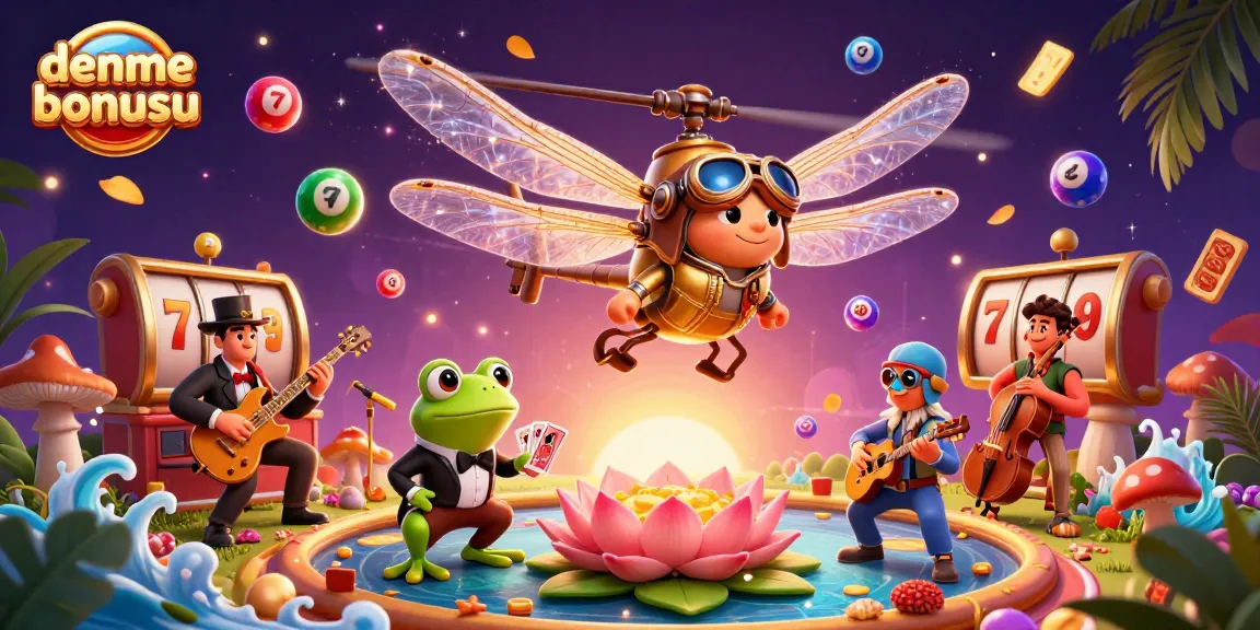 Engage with deneme bonusu at a vibrant lily pad casino featuring interactive characters and gaming elements.