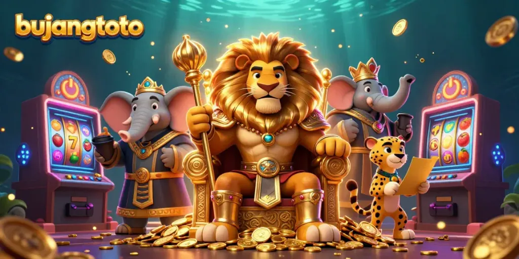 Experience thrilling gameplay with bujangtoto, featuring vibrant slot machines and engaging characters in a vibrant casino setting.