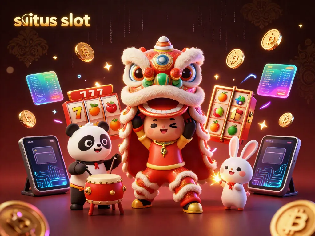 Menggandeng situs slot gacor, dua karakter dalam kostum lion dance melibatkan domba yang menari dikelilingi simbol slot.