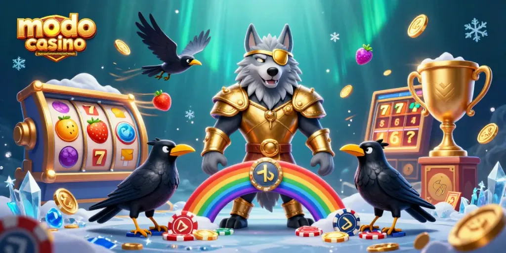 Experience the excitement with the modo casino sign up bonus no deposit bonus featuring a vibrant scene of Norse mythology-inspired characters and slot elements.