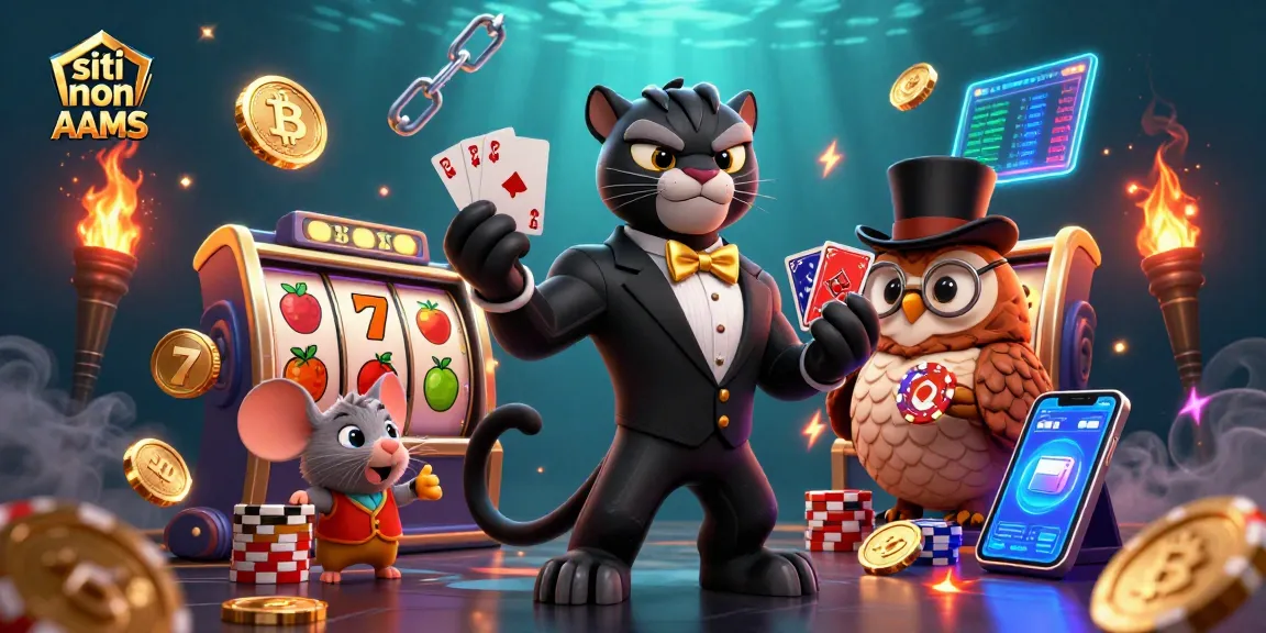 Gioca e vinci nei migliori siti non AAMS con questa illustrazione di slot machine e personaggi unici.