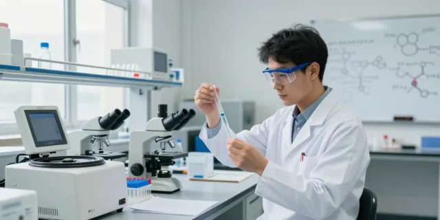 Scientist analyzing Swiss Chems peptide solutions in a modern lab.