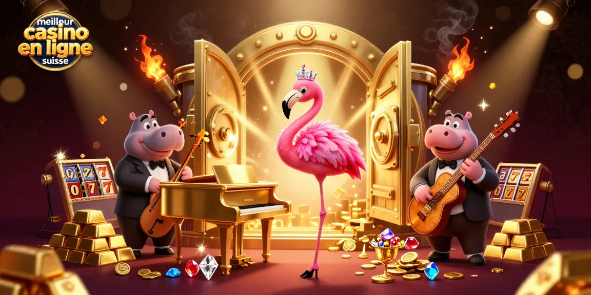 Vibrez avec le meilleur casino en ligne suisse : chanteuse flamant et hippopotame dans un décor de rêve.