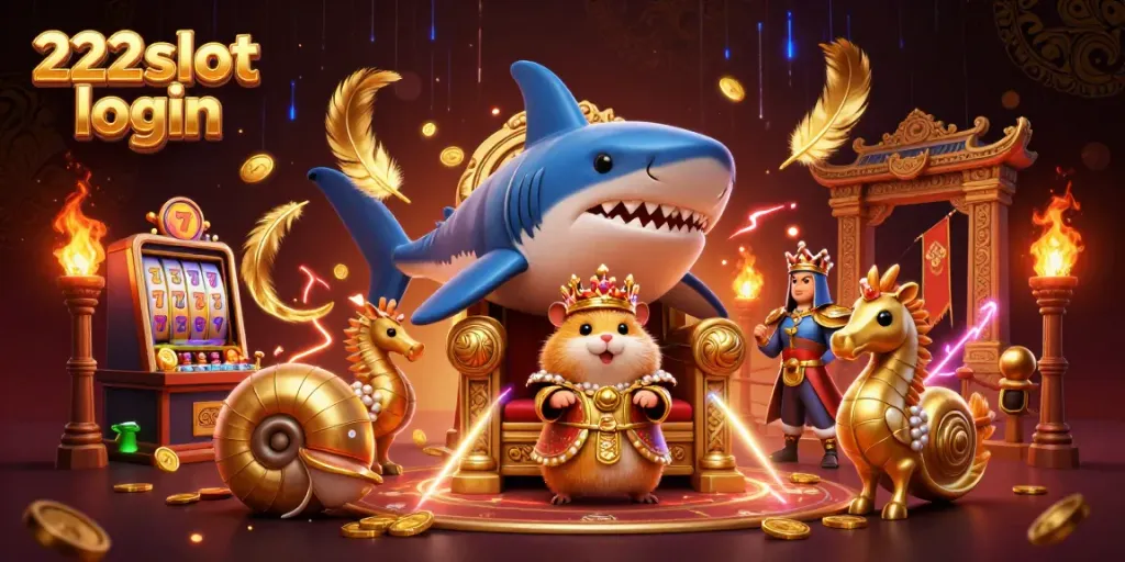 Menangkan taruhan Anda dengan 222slot login, raja hamster emas dan penjaga kuda laut dalam ilustrasi kasino yang megah.