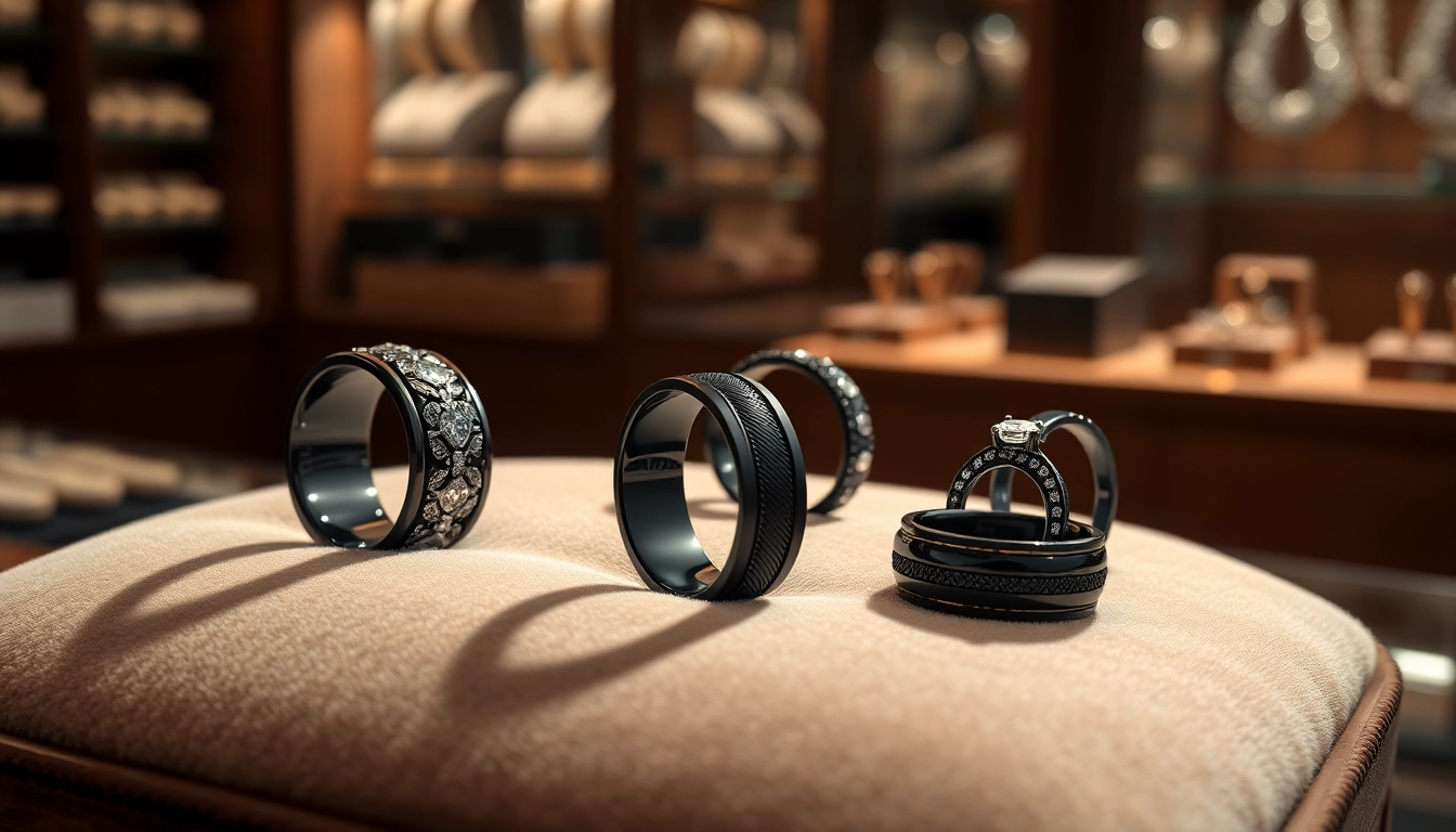 Showcase stunning black zirconium rings featuring intricate designs on velvet