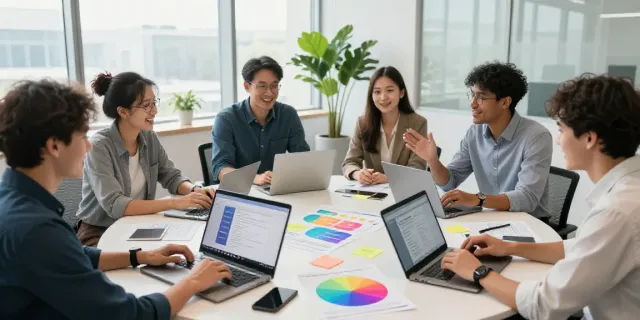 Collaborative small business team discussing AI content generation strategies in a bright office.