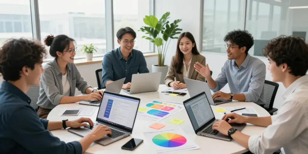 Collaborative small business team discussing AI content generation strategies in a bright office.