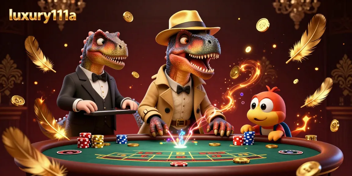 A cartoon velociraptor and characters engage at the blackjack table in a luxury casino scene, luxury111a.